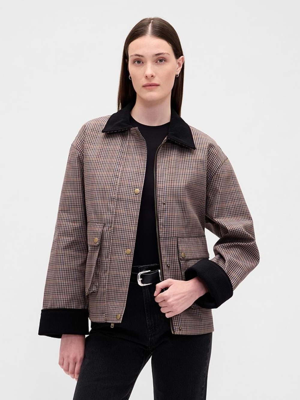GAP Brown Checked Bomber Jacket with Black Trim